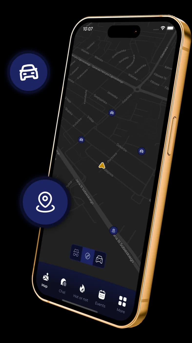 Telefon z otwartą mapą OnlyCars: pozycje kierowców i wydarzenie w okolicy