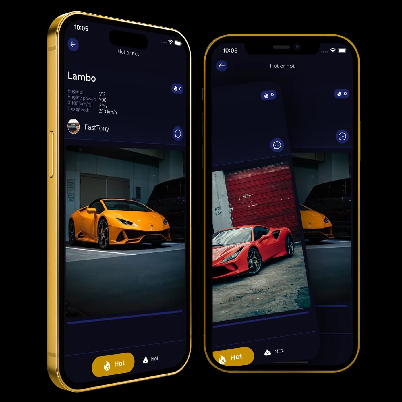 Ekran Hot or Not w OnlyCars z pomarańczowym Lamborghini i przyciskami Hot oraz Not