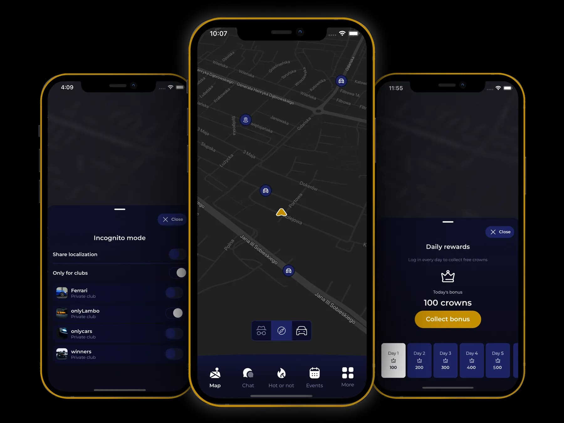 Trzy ekrany OnlyCars: ustawienia trybu incognito, mapa z kierowcami oraz codzienne nagrody